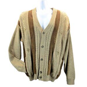Norm Thompson Vtg Cardigan Sweater Sz L Brown Suede Trim Cable Knit Merino Wool